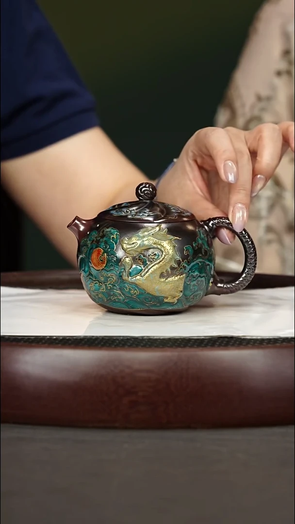 茶壶紫砂47 姚LX 龙珠 龙山古乌泥珐琅彩280cc