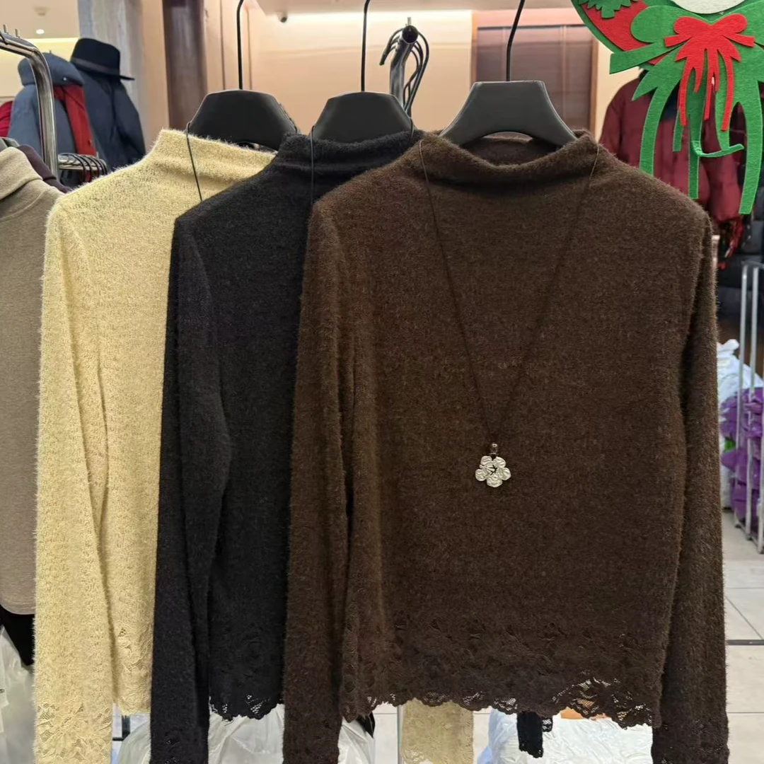 【丽丽定制】秋冬季蕾丝设计感拼接打底上衣