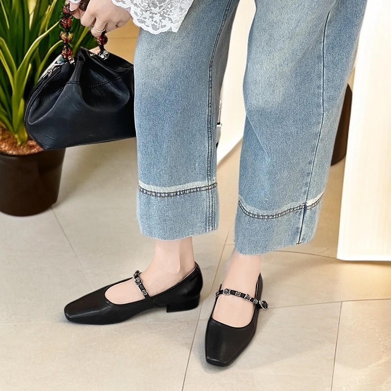 【跟2公分】【尺码35-39】新款夏季柔软百搭真皮浅口法式粗跟女鞋低跟