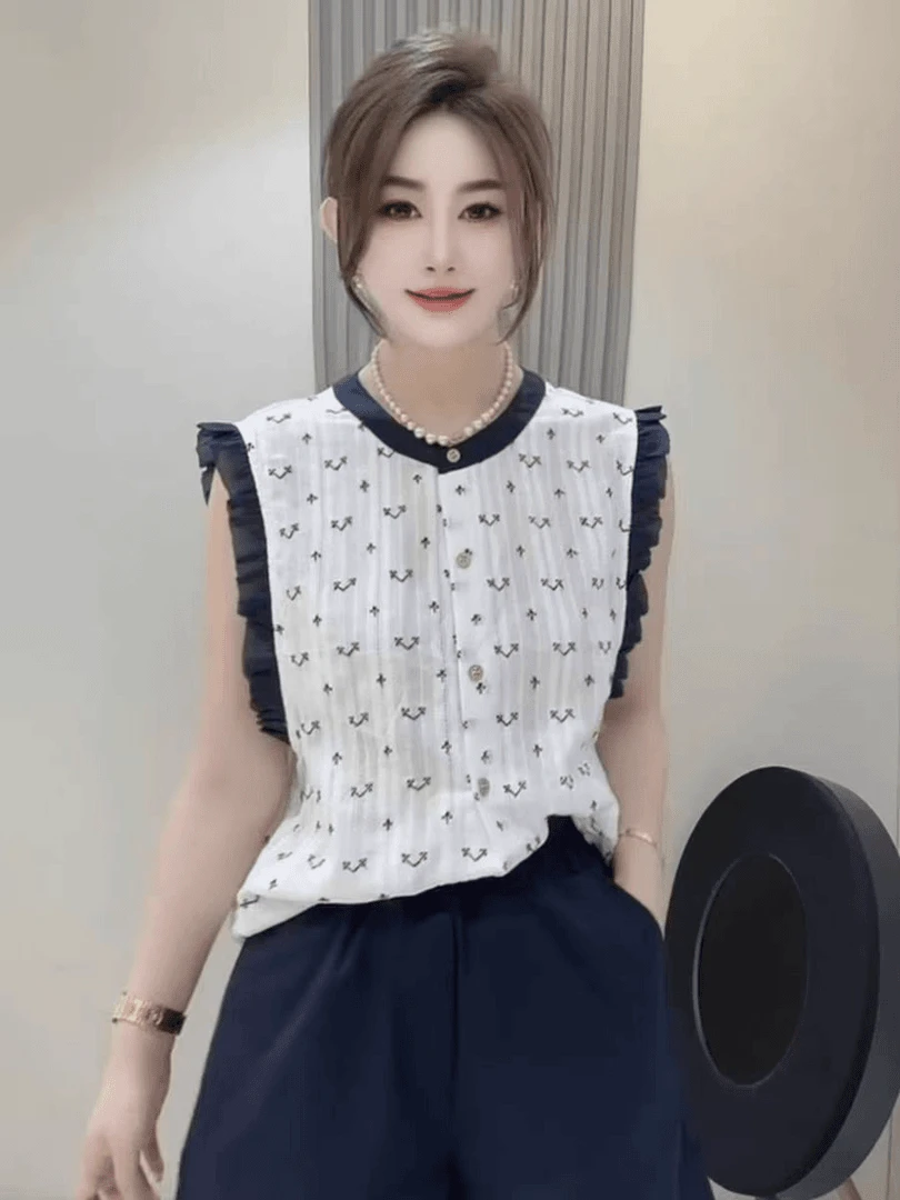 韩系高级感纯棉圆领木耳边无袖衬衫T恤女夏季甜美减龄设计感背心