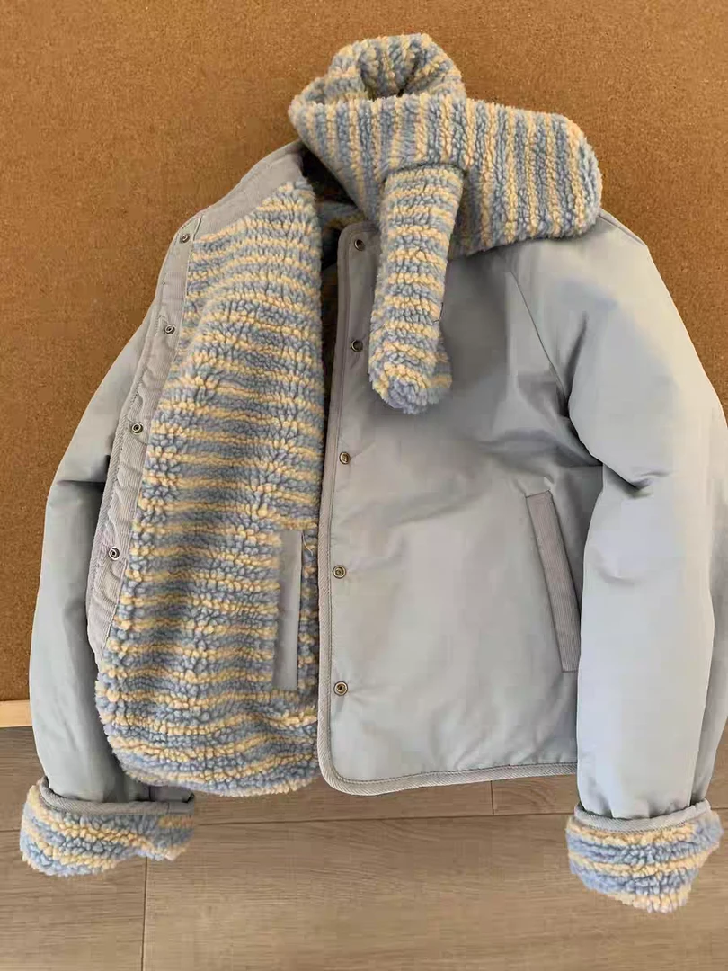 新款韩系宽松百搭两面穿棉服上衣女冬季新款时尚条纹围脖短外套