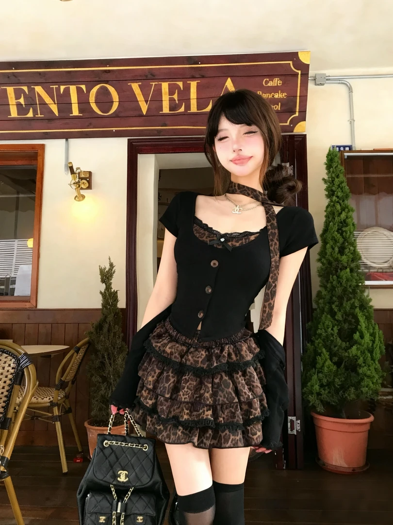 洋气韩版假两件上衣性感青年豹纹半身裙套装2024早秋新款