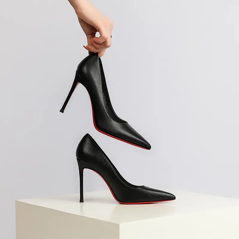 2025春季款黑色红底鞋女尖头浅口黑色高跟鞋细跟哑光性感百搭单鞋