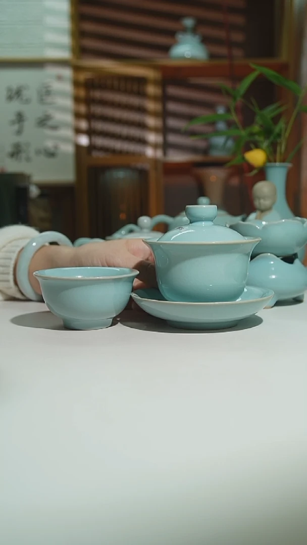 天青珑匠月白盖碗加珑匠支钉压手杯安全发货