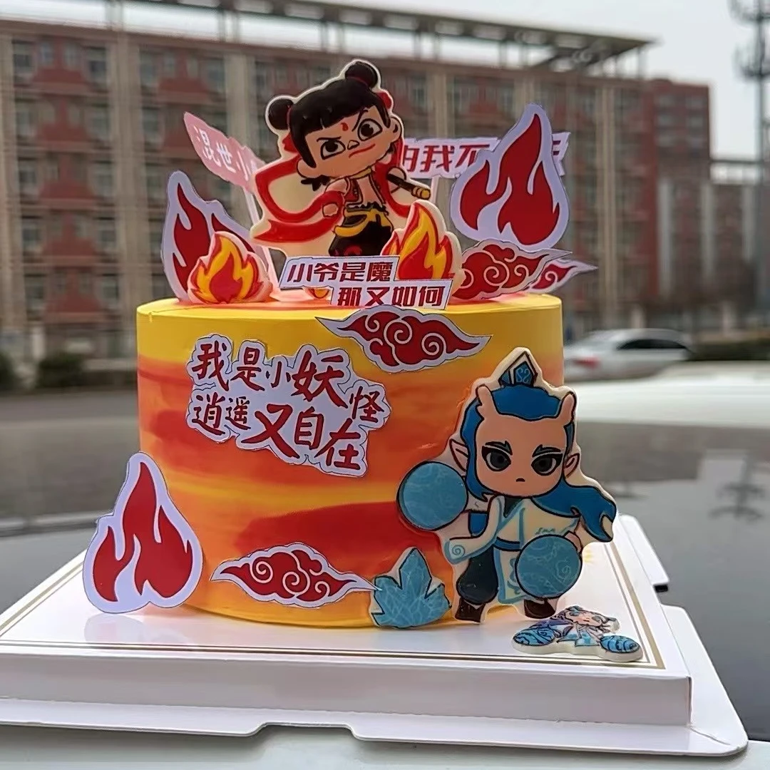 哪吒网红卡通动画组合巧克力片蛋糕装饰插件马卡龙西点冰淇淋插片