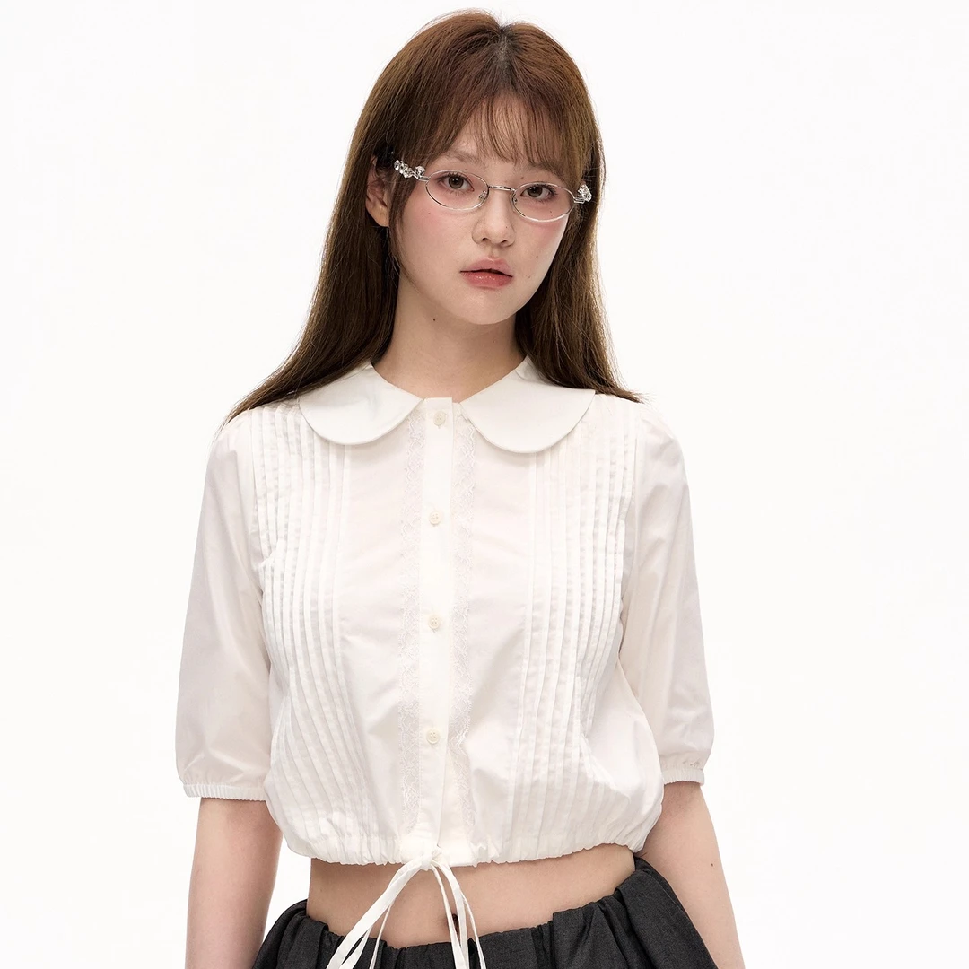 Romance Nanci娃娃领五分袖衬衫女短款小个子甜美宽松百搭上衣