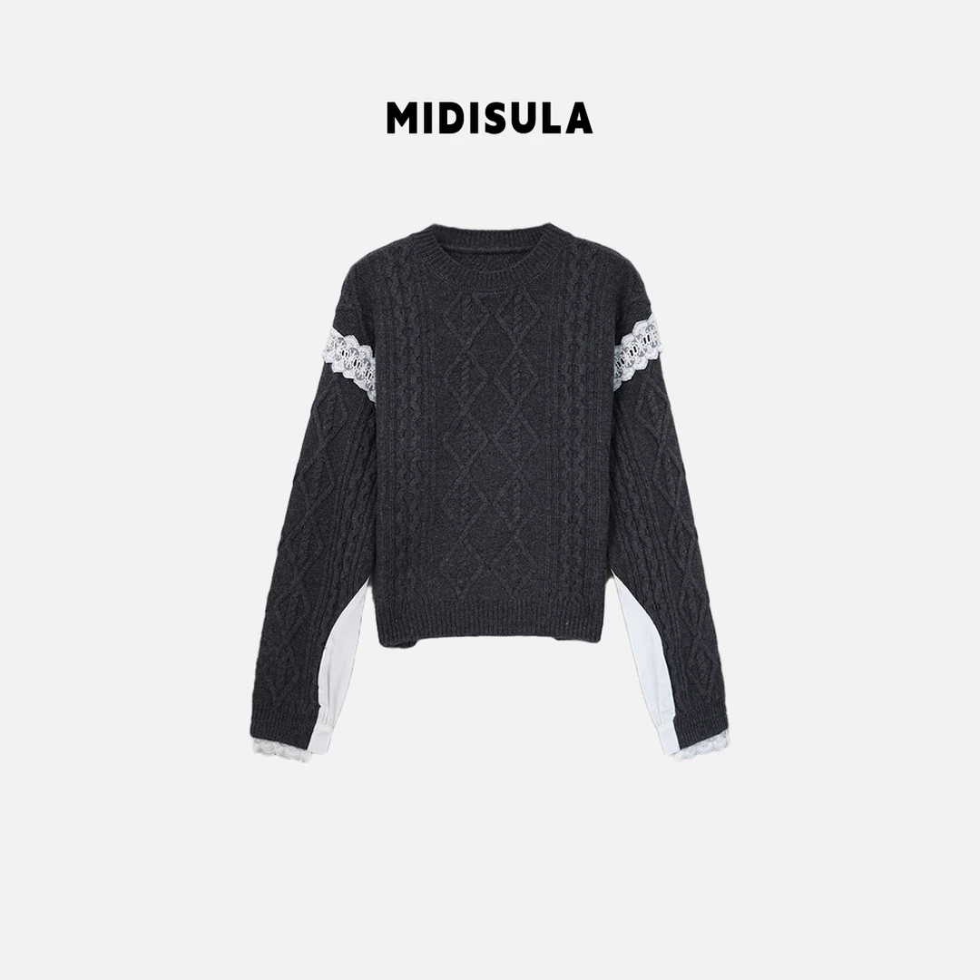 【H.MDSL】冬季新款手臂拼接花边蕾丝绞花软糯羊毛衫女羊毛衫2225
