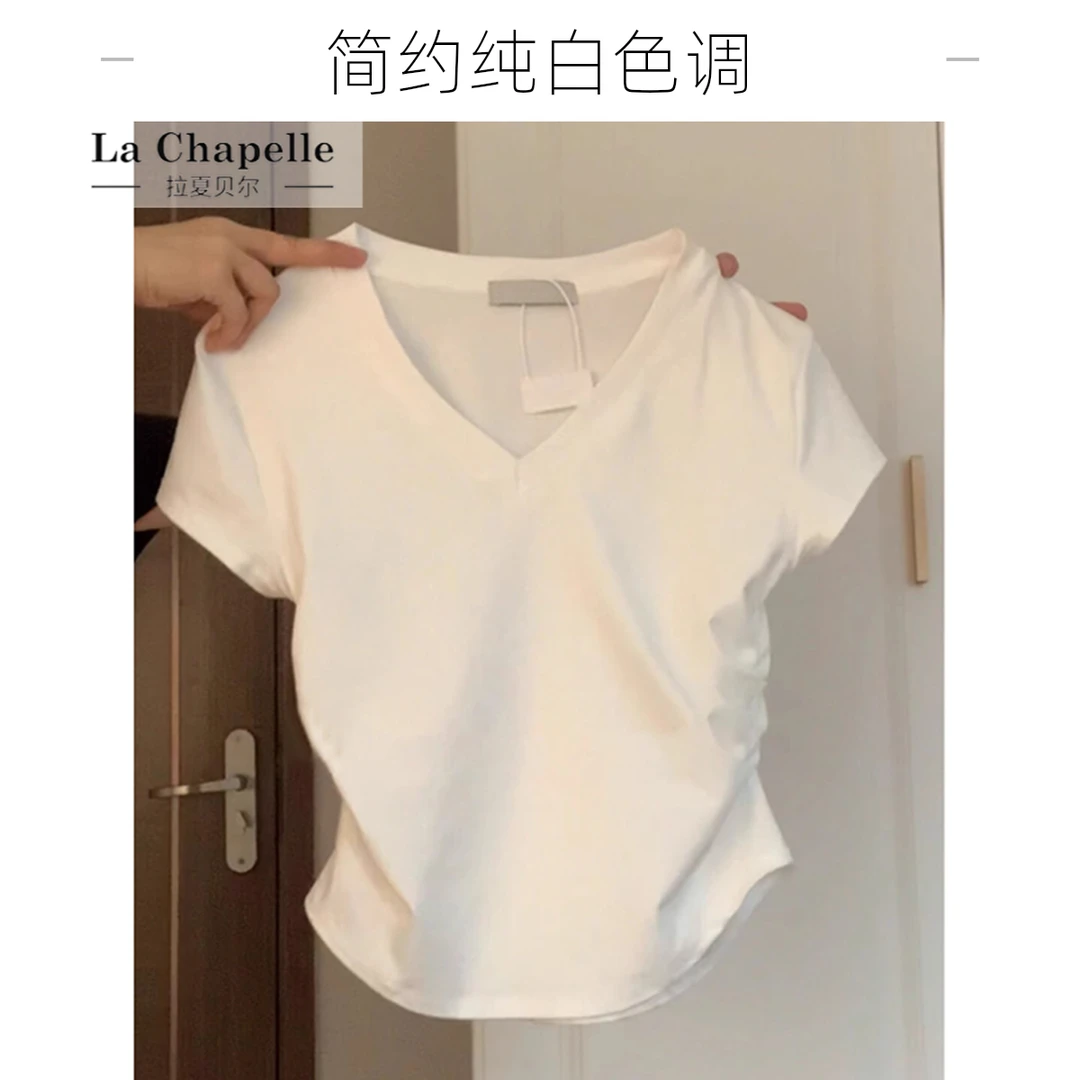 拉夏贝尔chic甜辣妹V领短袖T恤女夏韩版修身显瘦短款褶皱收腰半袖