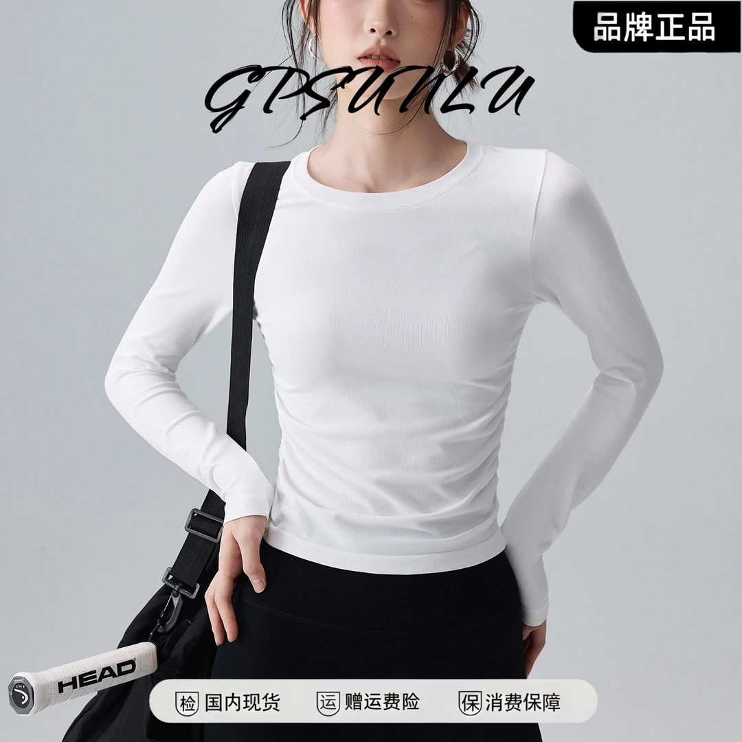 gpsunlu抽褶运动长袖收腰显瘦跑步瑜伽服上衣普拉提训练健身t恤