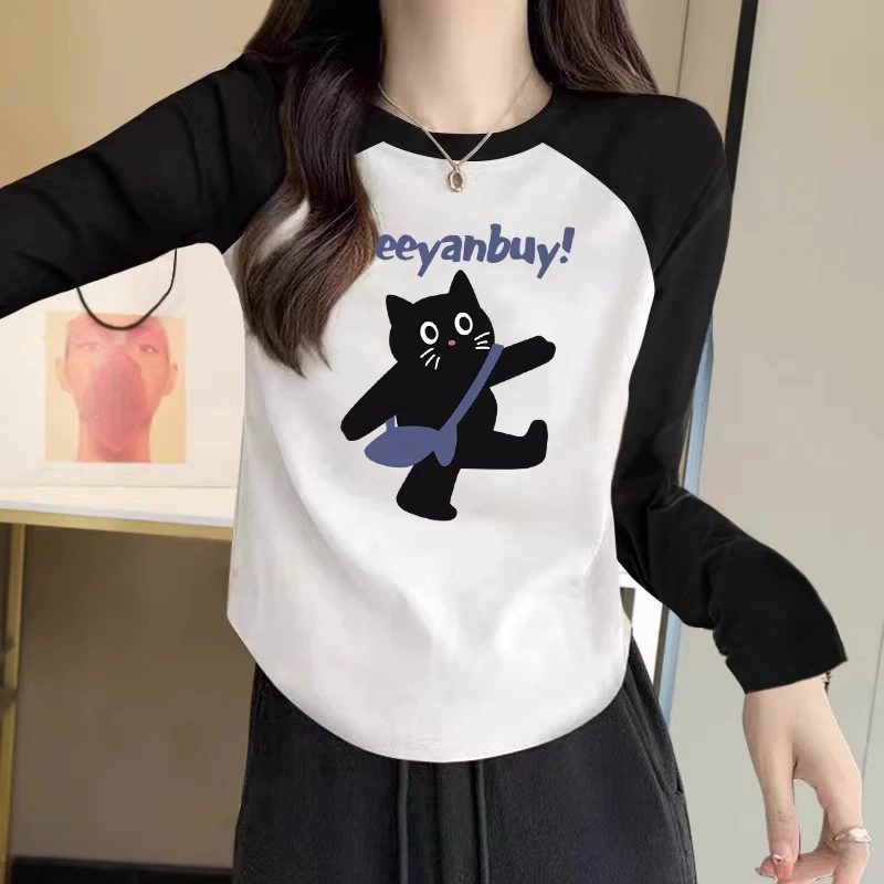 2025新款不规则弧形下摆撞色插肩长袖T恤女打底衫正肩内搭上衣女