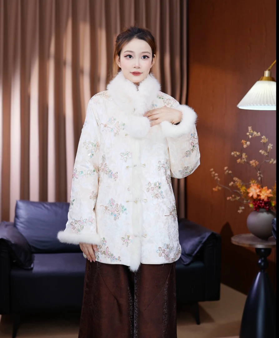 【白玉】新中式国风重工珠片绣花棉服女气质百搭保暖外套