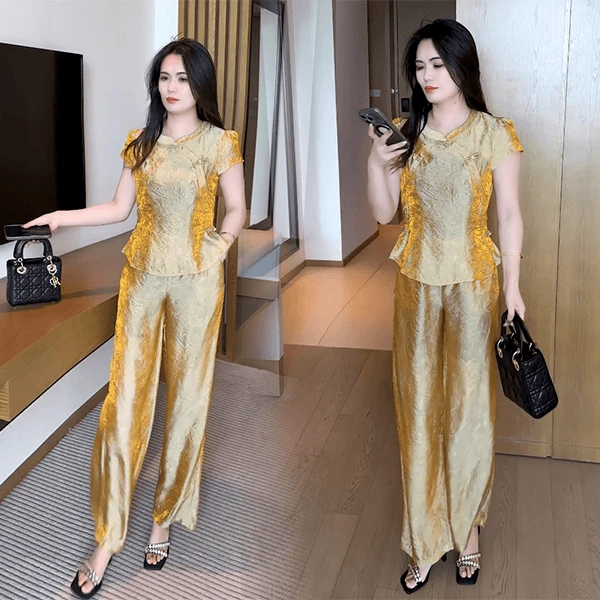 气质中国风时尚套装女2025夏季新款女人盘扣短袖小衫阔腿裤两件套