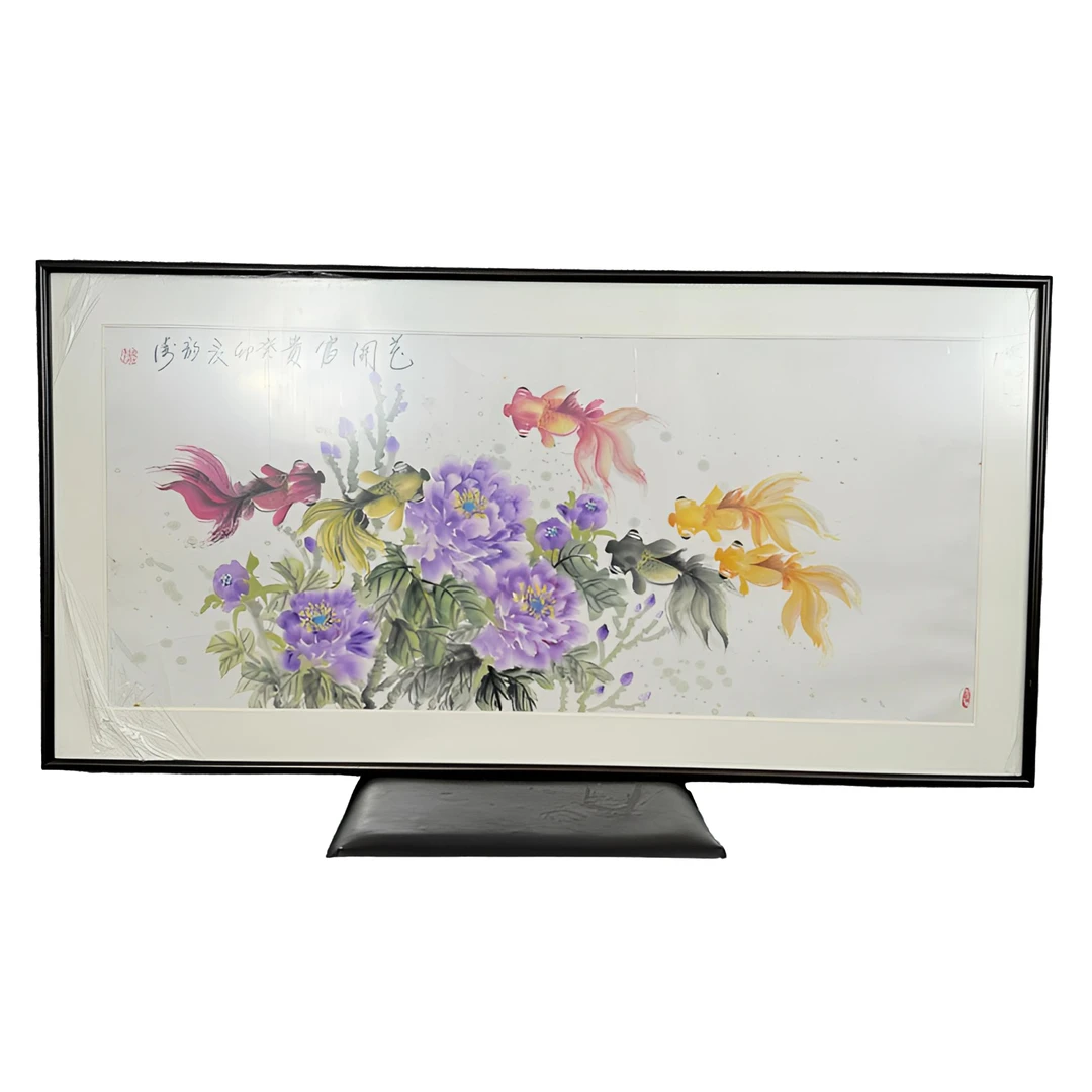 《花开富贵》龚韵涛 牡丹 金鱼实木装裱 挂书房 茶室客厅