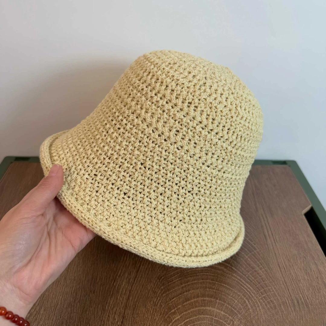 夏季纯色镂空水桶帽女韩系气质百搭显脸小渔夫帽时尚圆顶编织盆帽