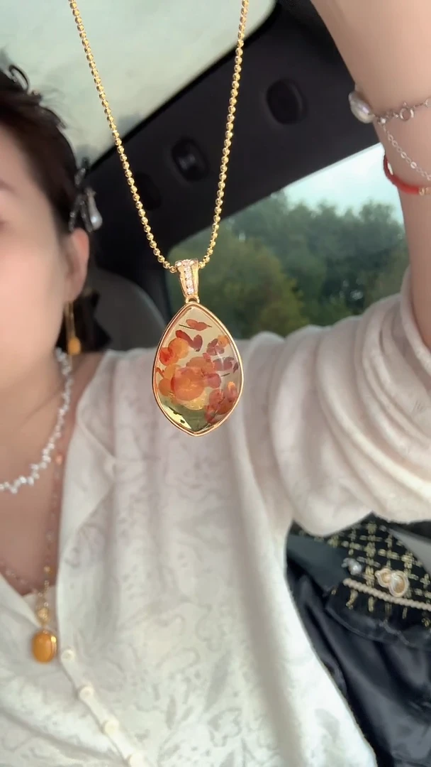 琥珀（花珀）吊坠(不含链)银S925镶嵌菱形吊坠