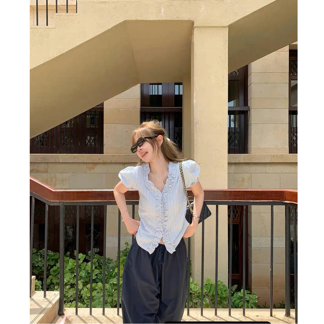 短袖衬衫女夏独特超好看单穿小衫法式小资上衣粉色条纹衬衣