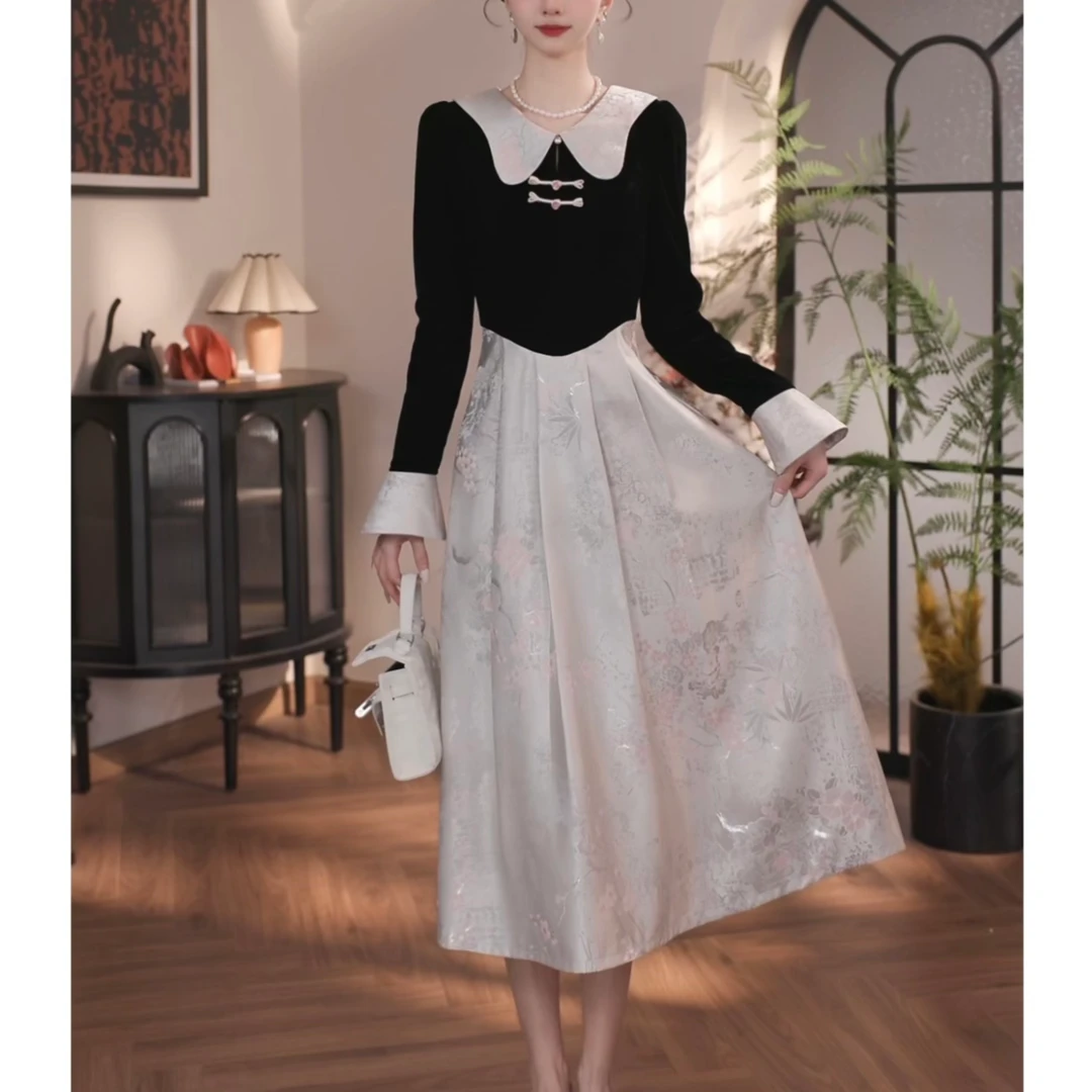 乔琪拉-【银羽蝶舞】新中式拼接丝绒轻奢显瘦高腰线连衣裙-BV133K