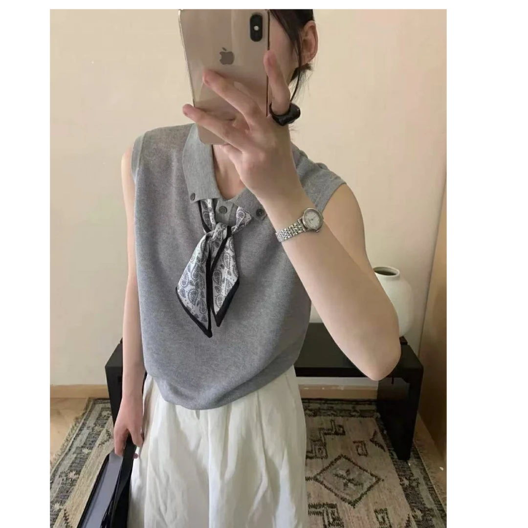 猫猫家针织休闲宽松显瘦无袖上衣短袖带丝巾ins