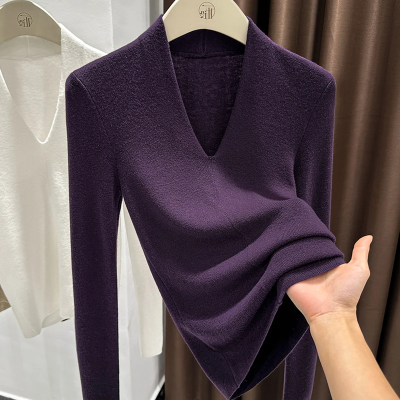 爆款紫色深V领露锁骨设计针织衫秋冬女外穿轻薄透气百塔长袖上衣