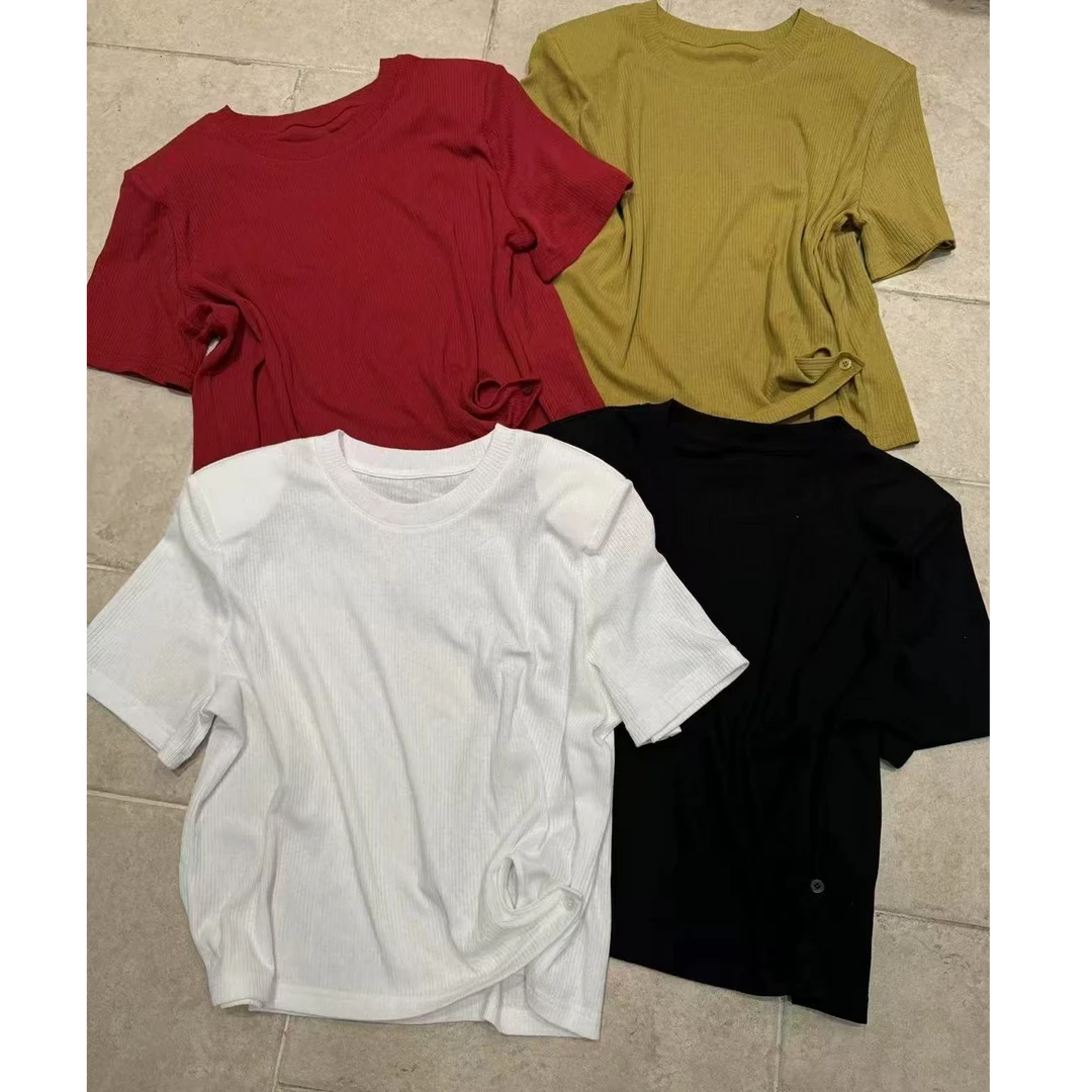 夏季百搭纯色螺纹圆领短袖常规款速干T恤简约时尚开叉不规则