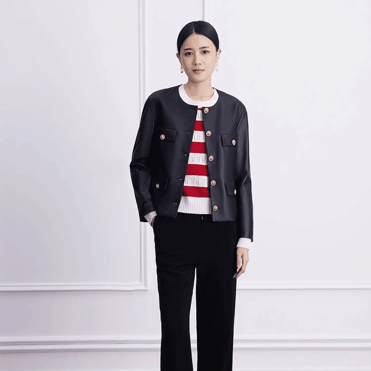 LIMEFLARE/莱茵福莱尔【专柜同款】简约气质修身圆领黑色皮衣上衣