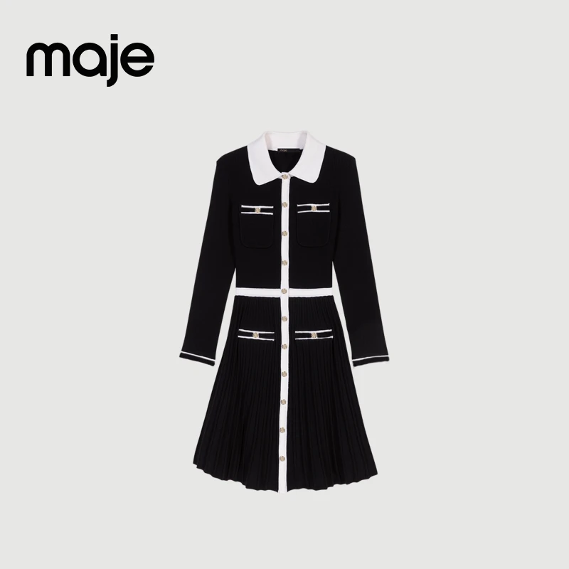 暖系穿搭|Maje秋冬新款女装高级感撞色收腰针织连衣裙MFPRO03822