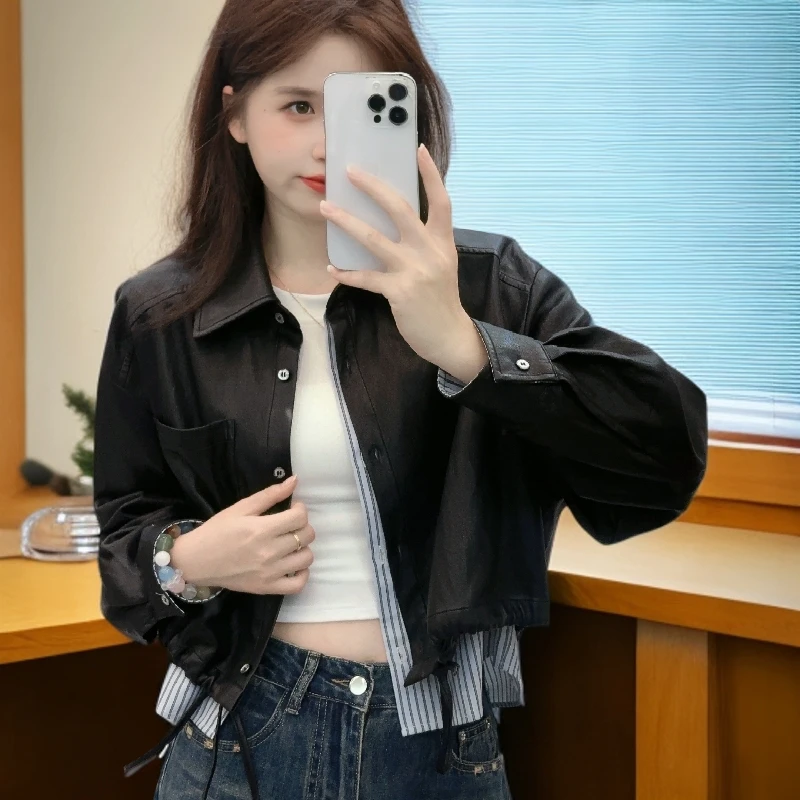 假两件抽绳复古港风时尚短款皮衣女秋季新款嘻哈风拼接上衣外套女