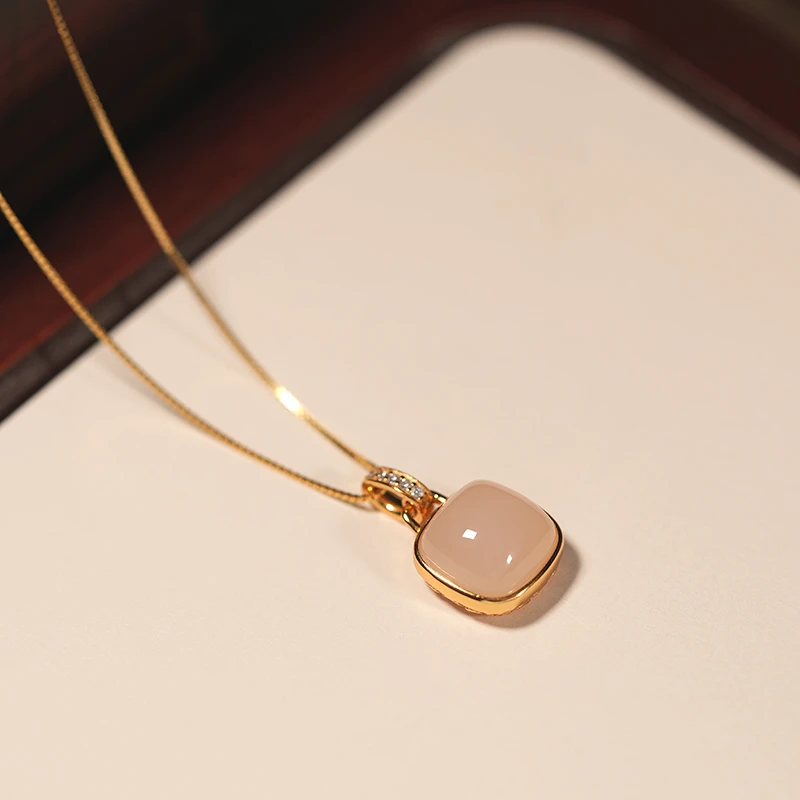 {石泽珠宝}和田玉藕粉方糖s925银镶嵌气质百搭多样性发货含链