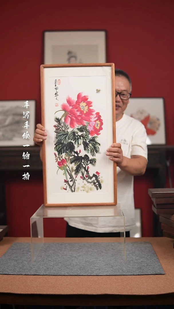 国画手绘-36*69实木框花鸟