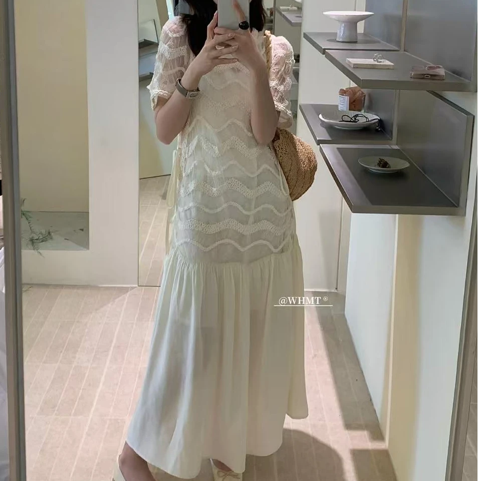 WHMT（8550#库）法式高级感蕾丝拼接绑带收腰连衣裙（裙长125）