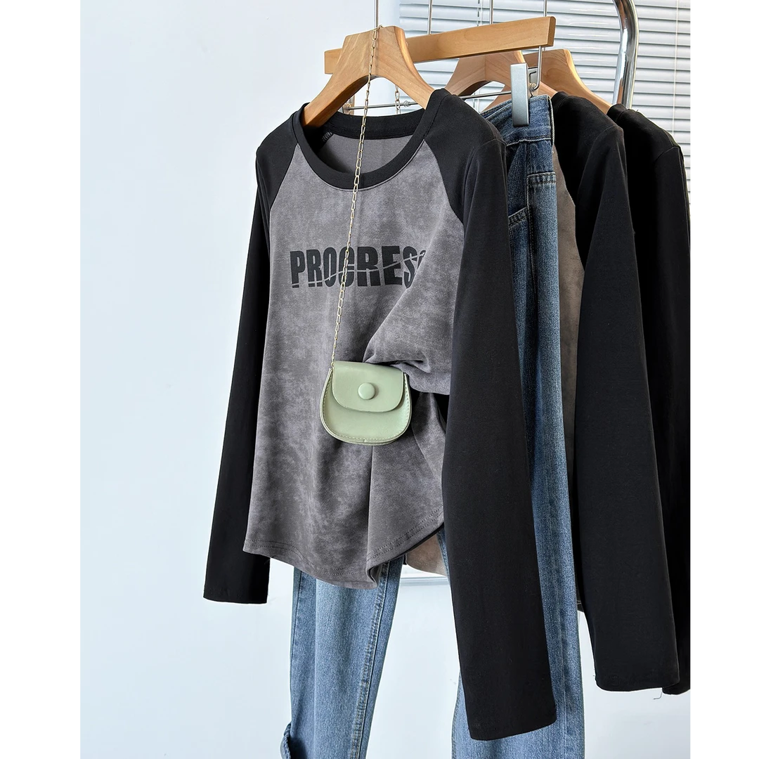 大码正肩打底衫撞色印花女春款胖mm显瘦字母T恤遮肚子设计感上衣