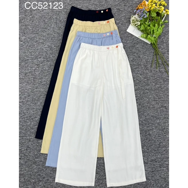 52123三色精致撞色扣子阔腿裤休闲裤