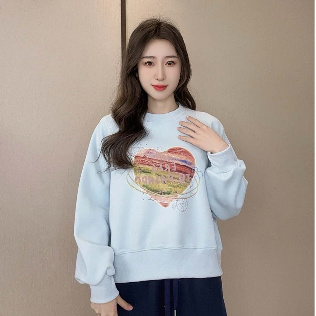七彩印花爱心卫衣春秋长袖时尚休闲宽松圆领韩版减龄设计感