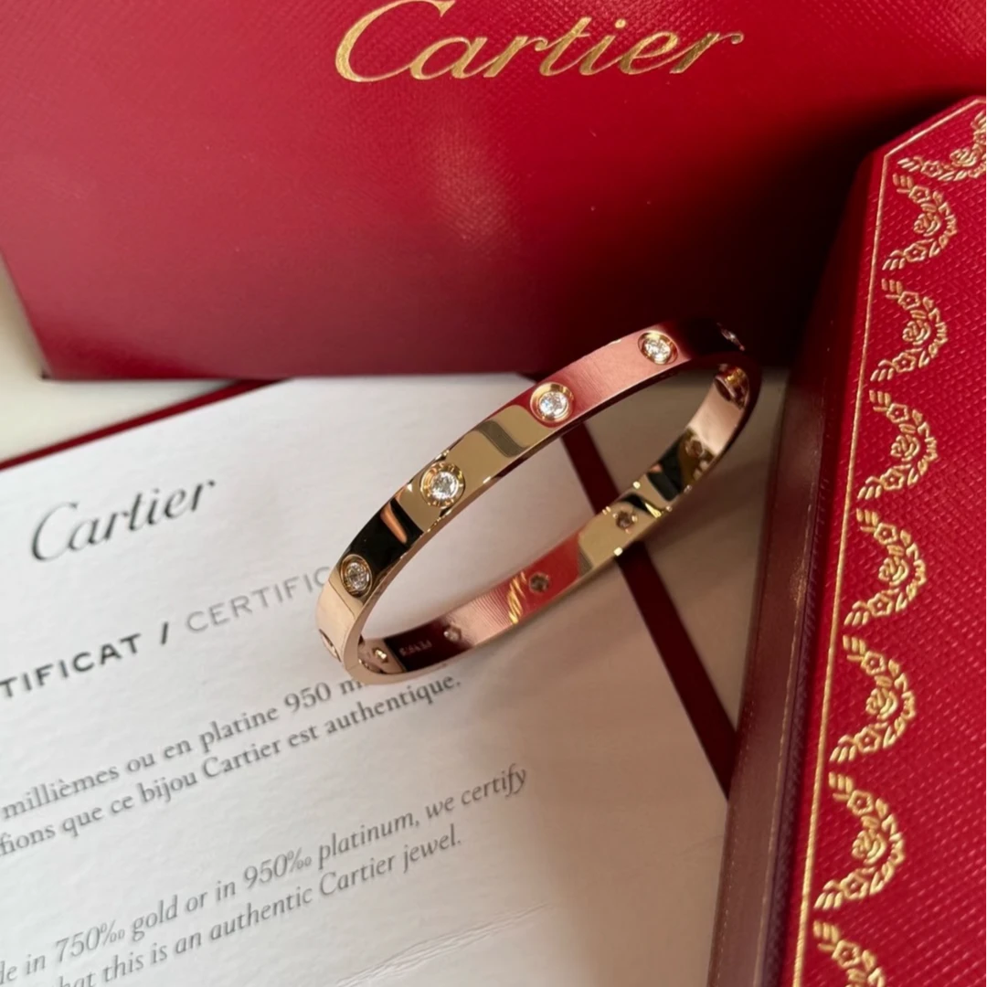 99新 Cartier/卡地亚 小花6珊 LOVE 十钻手镯 宽版玫瑰金17码21年