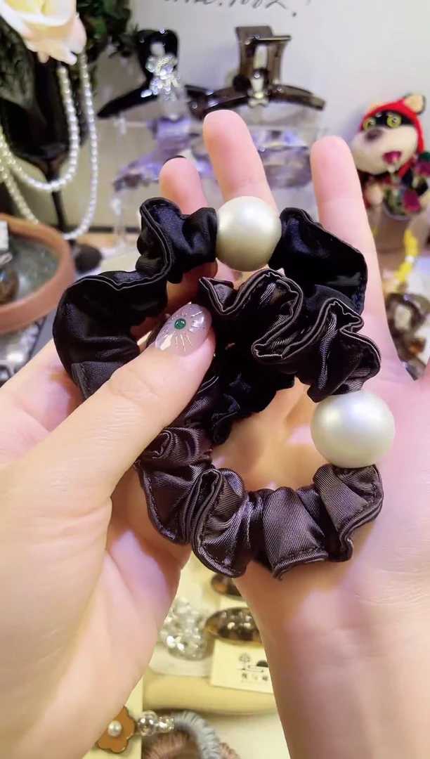 布艺非金属缎面木耳边珠珠高弹发圈双色套装1套（黑色+咖色）