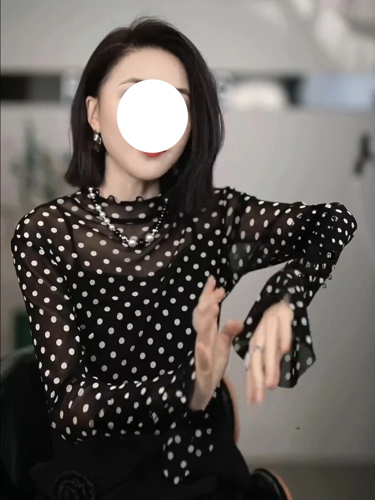 黑色波点网纱长袖t恤女2025春季新款独特超好看气质修身内搭上衣