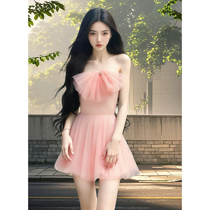 纯欲甜美风时尚一字肩洋气法式名媛百褶裙生日显身材性感连衣裙女