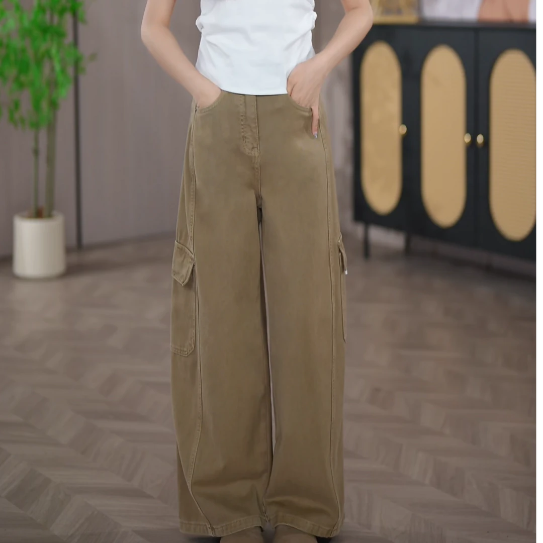8058美式复古直筒工装裤女高腰垂坠感宽松阔腿显瘦休闲长裤子