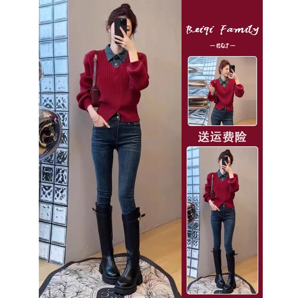 新年元旦红色拼接牛仔翻领长袖针织衫毛衣女秋冬2025新款爆款上衣