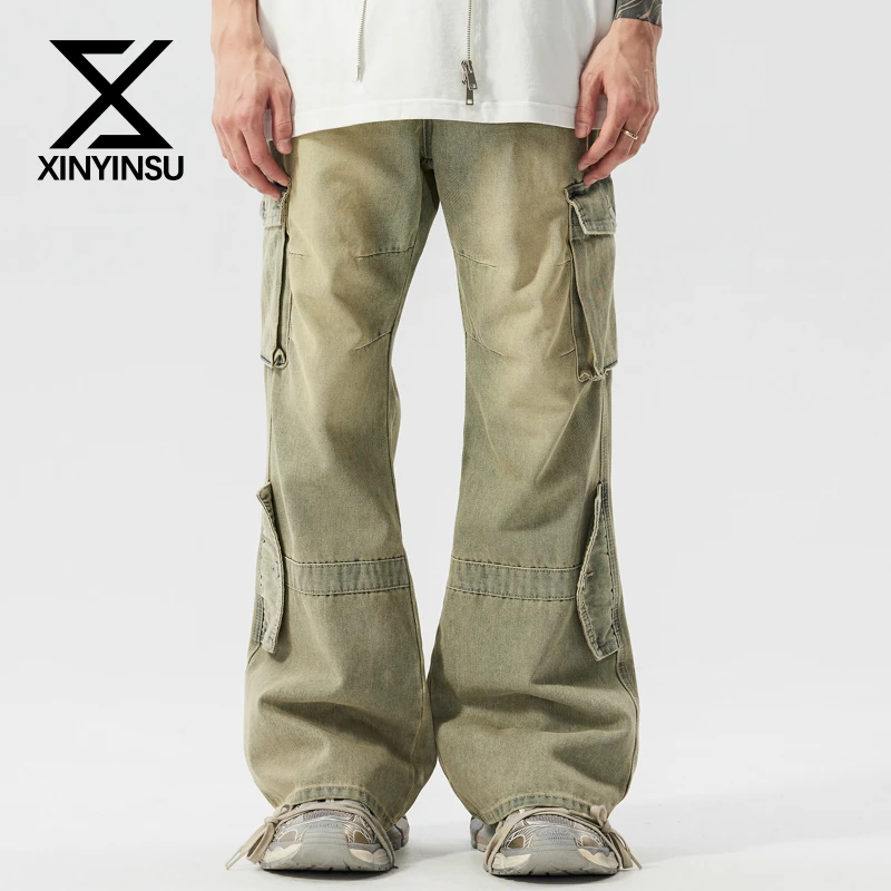 新因素美式原牛牛仔裤宽松工装口袋微喇小众痞帅秋冬裤子水洗做旧
