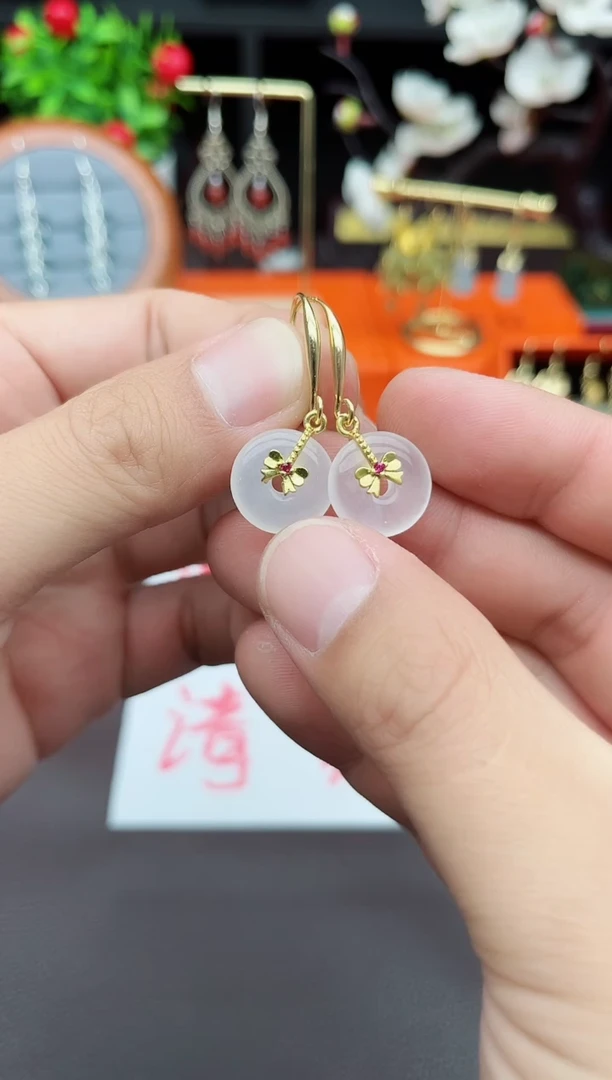 玛瑙/玉髓耳饰银S925镶嵌白平安扣