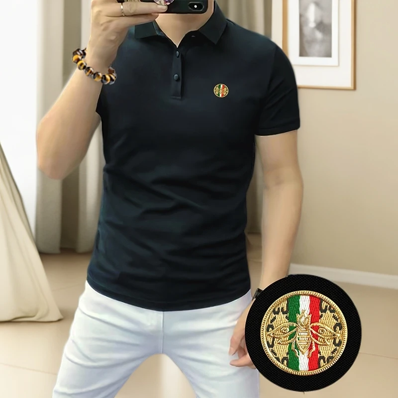 欧洲站新款男士短袖polo衫亮色翻领半袖男装丝光珠地棉修身时尚潮