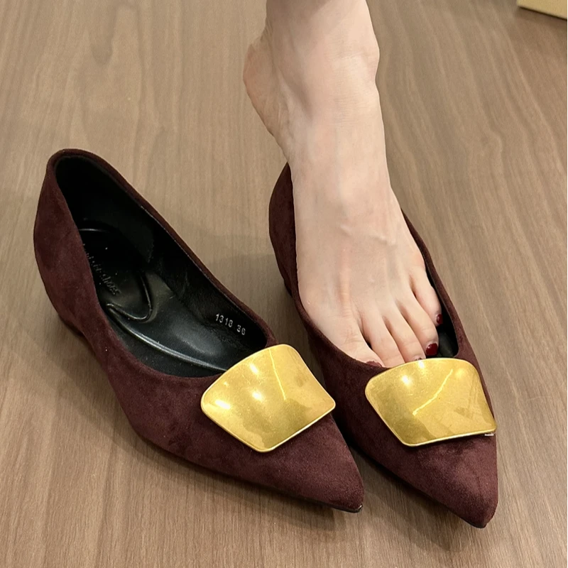 FTX-1318通勤指南！绒面尖头金属方扣浅口单鞋女秋通勤内增高单鞋