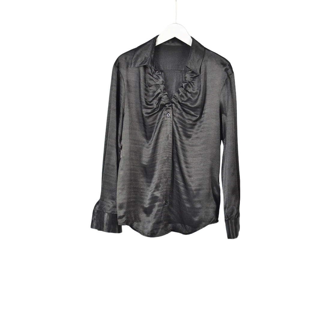 【F-3】时尚女装KBC-V领木耳边压褶衬衣0823-黑色大一码