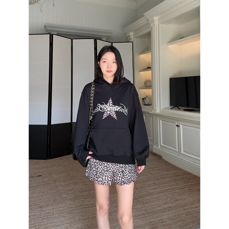 郭九九呢 100%棉休闲撞色贴布绣宽松卫衣显瘦豹纹半裙 G925A14448