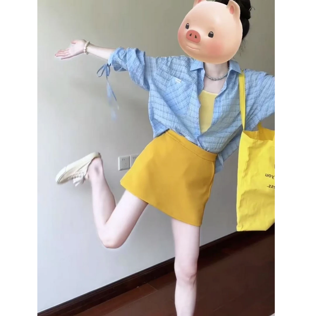 2025早秋新款时尚穿搭女装韩系格子长袖衬衫显瘦吊带半身裙三件套