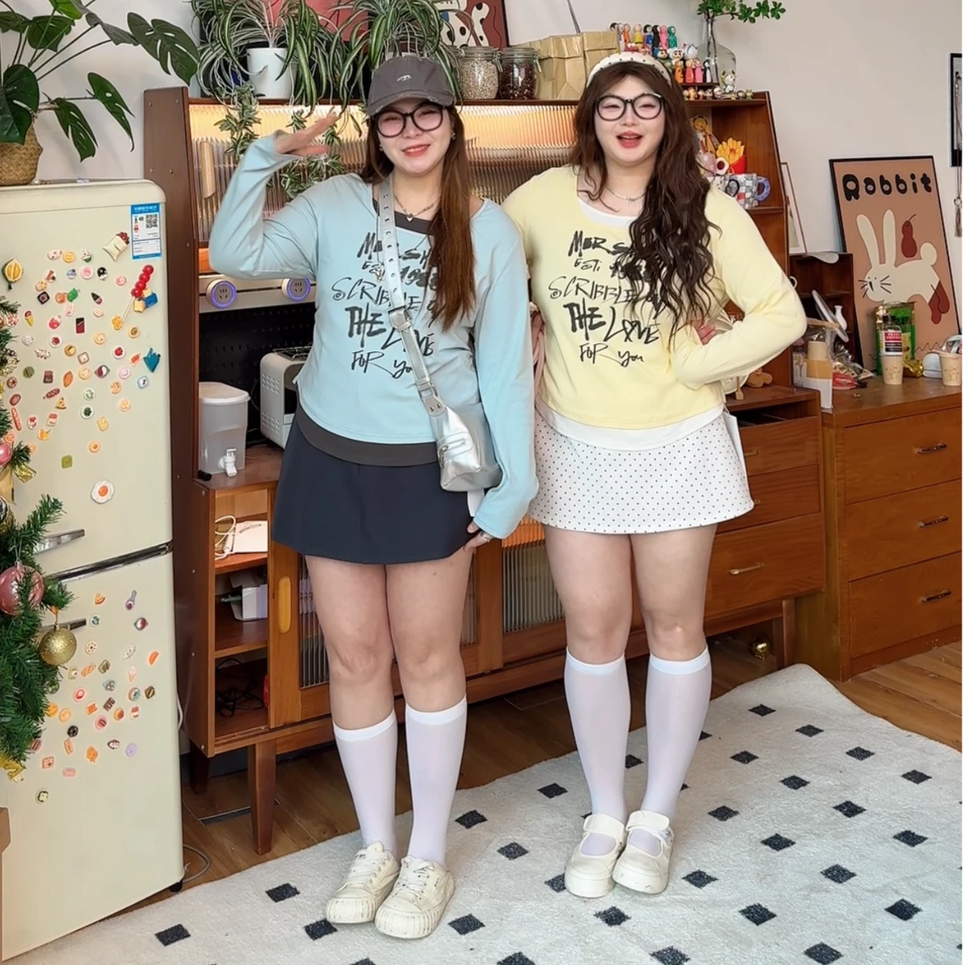 2025春装新款胖mm大码女撞色拼接假两件字母印花长袖上衣T恤A1091