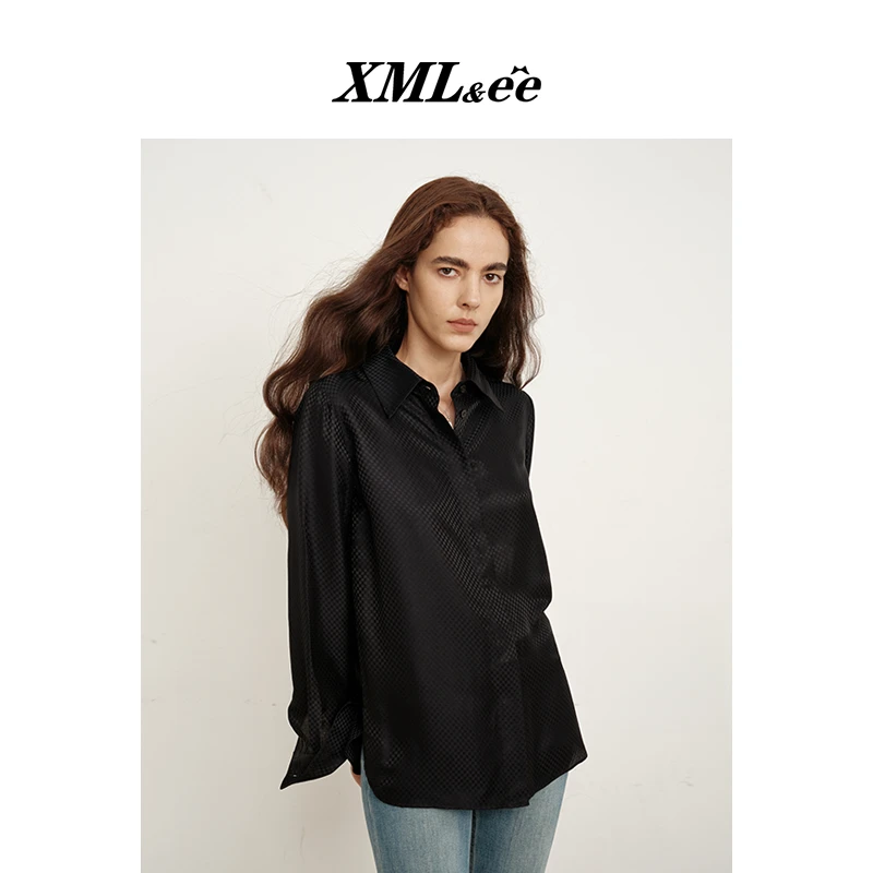 XMLee艾米尔 黑色质感桑蚕丝长袖百搭衬衫 EX520C0118