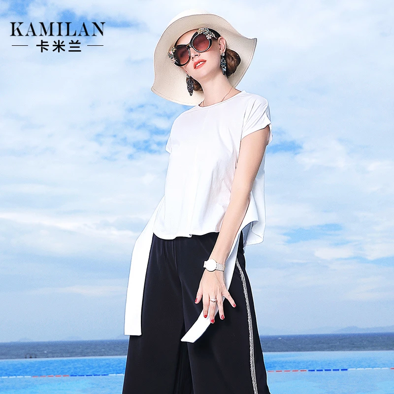 卡米兰夏季新款圆领短袖黑色T恤女宽松短款显瘦衣服上衣