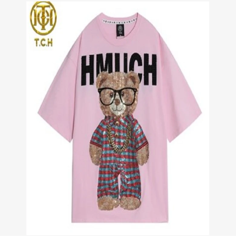 TCH服饰店播-潮牌金链条格子小熊烫钻宽松百搭圆领T恤T66B106165